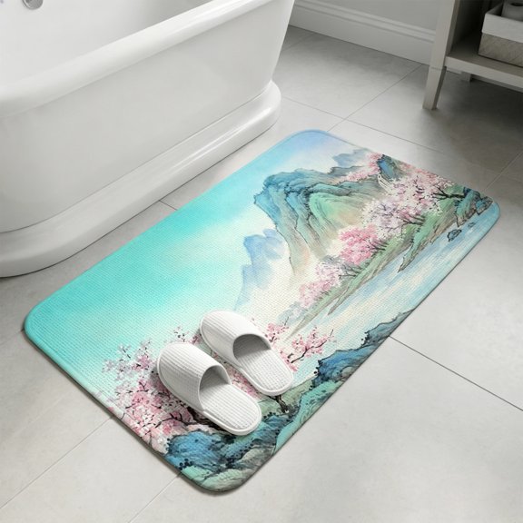 Teal Blue Mountains Bathroom Rugs Non Slip Washable Bath Mat Absorbent Low Pile Front Door Mat Pastoral Nature River Landscape Indoor Doormat for Kitchen Entryway Shower Decor Accessories 15.7"x23.6"