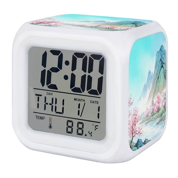 Teal Blue Mountains Digital Alarm Clock for Bedrooms, Smart LED Alarm Clock with 7 Color Changing Night Light, Pastoral Nature River Landscape Silent Wake Up Clocks for Sleep Study Cooking 3.2"x3.2"