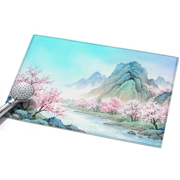 Teal Blue Mountains Entryway Rug 2x3ft Washable Non Slip Bathroom Rug Indoor Floor Front Door Mat Pastoral Nature River Landscape Rectangle Area Rugs Carpet for Kitchen Office Dining Room Home