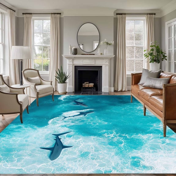 Teal Blue Ocean Shark 6'x9' Area Rug for Living Room, Coastal Wave Summer Beach Washable Non-Slip Floor Mat Rugs for Bedroom Dining Room, Indoor Large Carpet for Classroom, Nursery Rugs for Playroom