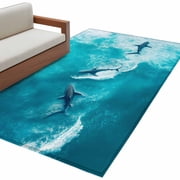Teal Blue Ocean Shark Large Area Rugs for Bedroom Living Room, Soft Non Slip Carpet Bedside Rug, Coastal Wave Summer Beach Rectangular Floor Cover Kitchen Accent Rug 4'x6' for Dining Room/Office