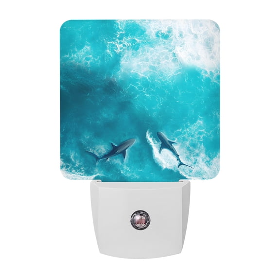 Teal Blue Ocean Shark Night Lights Plug Into Wall, LED Dusk to Dawn Sensor Night Light, Coastal Wave Summer Beach Nightlight for Bedroom Bathroom Living Room Hallway Home Wall Decor