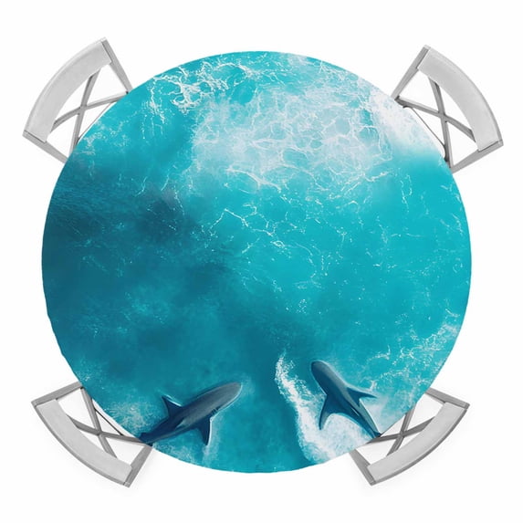 Teal Blue Ocean Shark Round Tablecloth for 36-44 Inch Tables, Fitted Table Cover with Elastic Edge, Coastal Wave Summer Beach Waterproof Outdoor Table Cloth Protector for Patio Garden Dinner Picnic