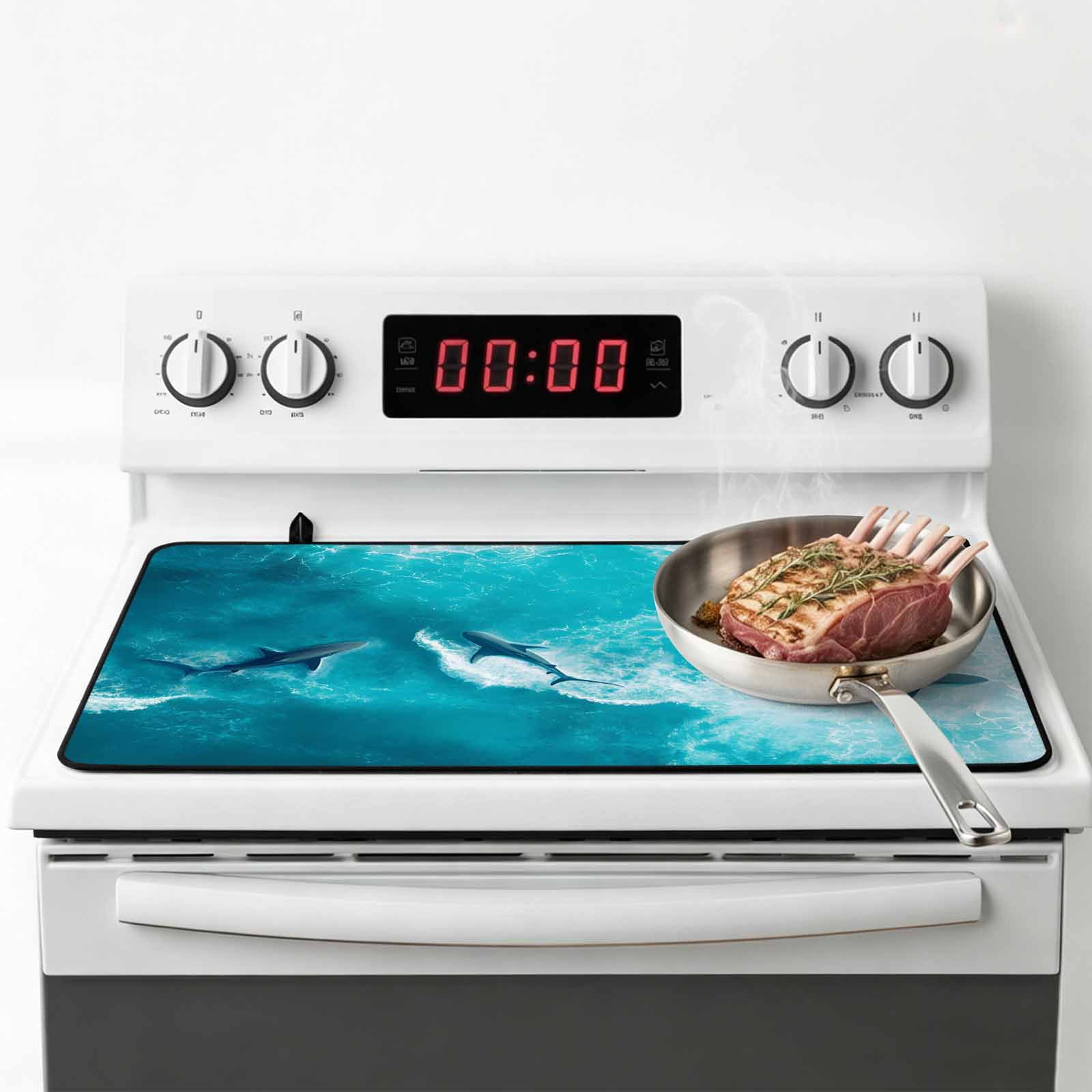 Teal Blue Ocean Shark Stove Top Cover for Electric Stove, Heat-proof & Non Slip Glass Top Stove Cover Protector, Coastal Wave Summer Beach Kitchen Flat Cooktop Rubber Mat 24x21 Inches