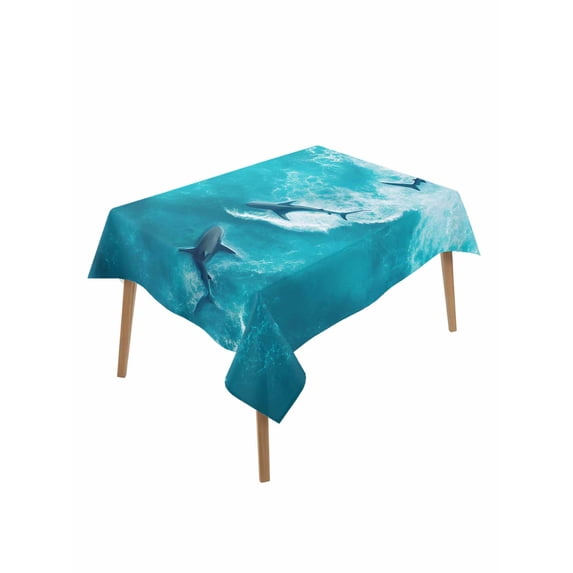 Teal Blue Ocean Shark Table Cloth, Waterproof Tablecloth for Rectangle Tables, Coastal Wave Summer Beach Reusable Washable Fabric Table Cover for Restaurant Kitchen Dining Tables 60"x84"