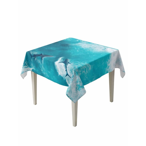 Teal Blue Ocean Shark Table Cloth, Waterproof Tablecloth for Square Tables, Coastal Wave Summer Beach Reusable Washable Fabric Table Cover for Restaurant Kitchen Dining Tables 60"x60"