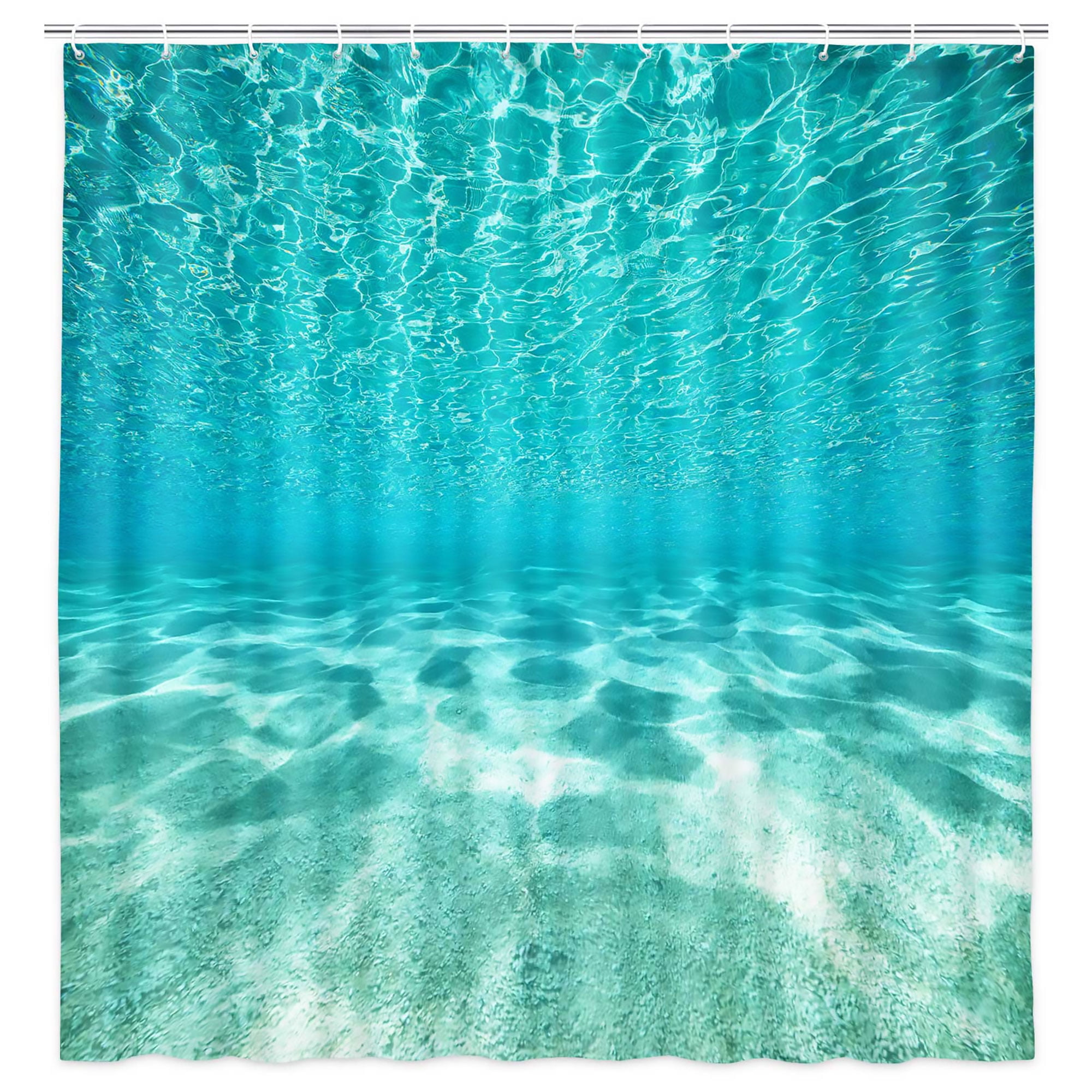 Teal Blue Ocean Shower Curtain, Nature Underwater Sea World Sand Beach