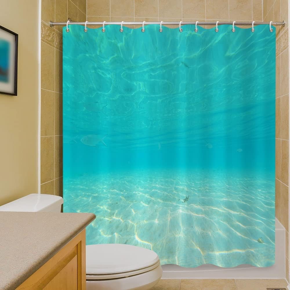Teal Blue Ocean Shower Curtain, Summer Tropical Ocean World Sand Beach
