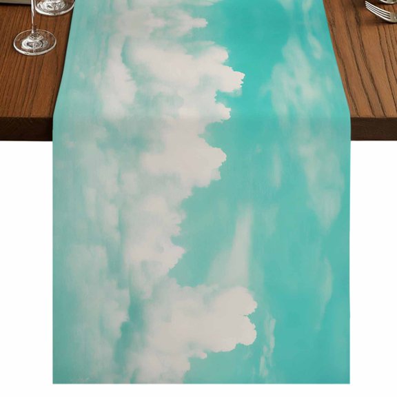 Teal Blue Ocean Sky 60 Inch Table Runner, Summer Clouds Landscape Farmhouse Dresser Scarf Cotton & Linen Tablerunner for Dining/Kitchen Island/Holiday Party Décor 13" x 60"