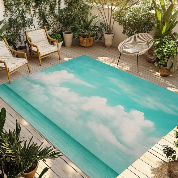 Teal Blue Ocean Sky Outdoor Rug 5x7 Ft - Reversible Patio Rug Outdoor Camping Rugs, Summer Clouds Landscape Washable Indoor Outdoor Area Rugs, Non-Slip Outdoor Carpet Runner for Deck/Porch