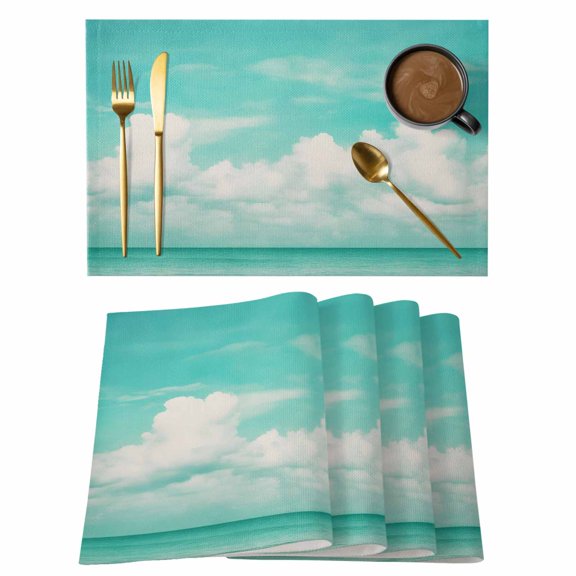 Teal Blue Ocean Sky Placemats Set of 4 Summer Clouds Landscape Place Mats Indoor Wipeable Table Mats Washable Cloth Dining Table Placemats for Kitchen Holiday Party Home Decor 13x19 Inch