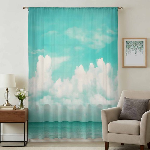 Teal Blue Ocean Sky Sheer Curtains 63 Inches Long, Summer Clouds Landscape Light Filering Curtains, Breathable Simi Curtain Privacy Drapes for Living Room Bedroom Lightweight Window Treatment