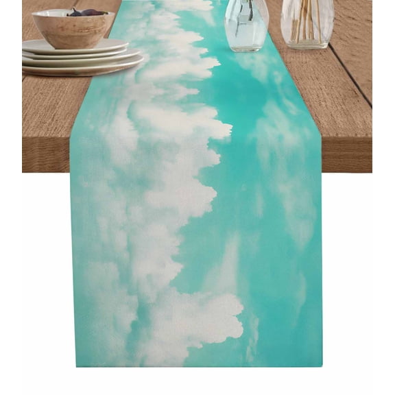 Teal Blue Ocean Sky Table Runner 90 Inches, Summer Clouds Landscape Bed Runner Dresser Scarves Tabletop for Indoor Outdoor Parties/Ceremony/Banquet, 13" x 90"
