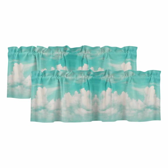 Teal Blue Ocean Sky Valances for Windows, Decorative Rod Pocket Window Valance Curtains, Summer Clouds Landscape Short Curtain Drapes for Kitchen/Bathroom/Living Room, 2 Panels, 42" W x 18" L