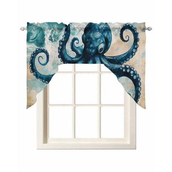 Teal Blue Octopus Swag Valances for Windows, Small Curtains Drapes, Summer Coastal Beach Wave Kitchen Window Curtains Over Sink Rod Pocket Window Treatment Valance for Bedroom/Bathroom 56"x36"