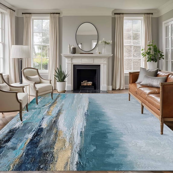 Teal Blue Oil Painting Area Rugs 5'x7', Washable Small Throw Rugs for Laundry Room Playroom, Retro Abstract Art Lake Forest Indoor Outdoor Rug Non-Slip Low Pile Carpet Runner Reversible Floor Mats