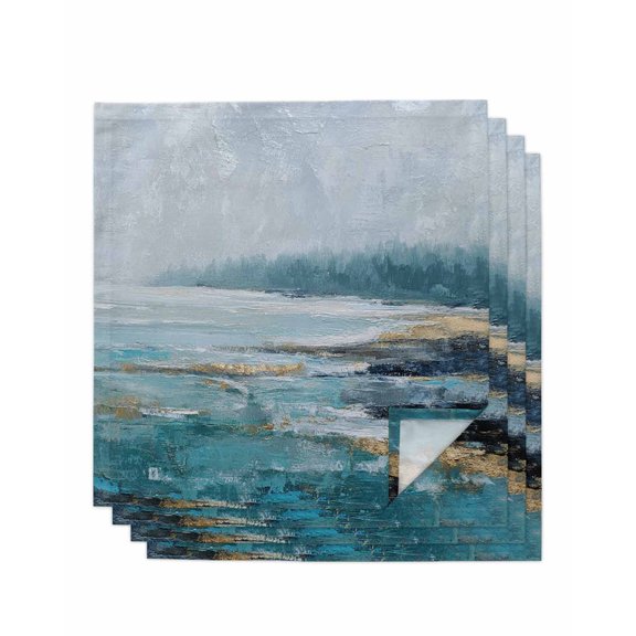 Teal Blue Oil Painting Cloth Napkins Set of 4 Reusable Dinner Napkins, Retro Abstract Art Lake Forest Cocktail Napkin Washable Table Napkins for Wedding/Holiday Party/Baby Shower 20"x20"