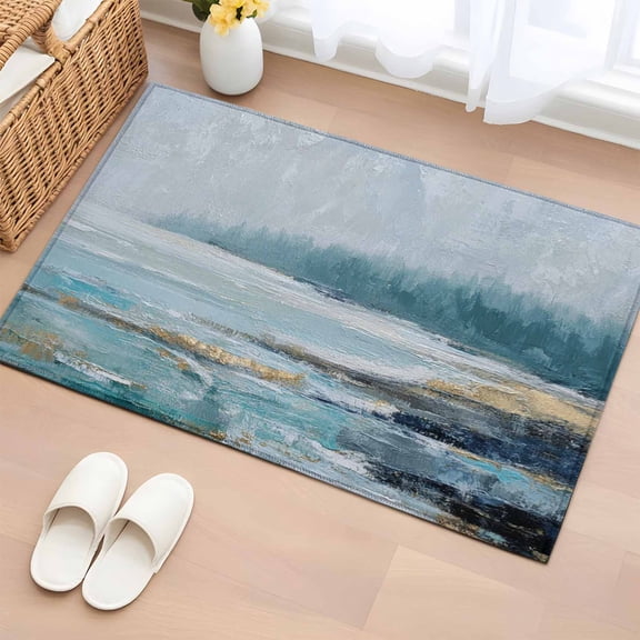 Teal Blue Oil Painting Entryway Rug 2'x3' Non Slip Front Door Mats, Retro Abstract Art Lake Forest Entrance Rugs Indoor Outdoor Carpet, Washable Floor Mats Small Area Rug for Bedroom Kitchen