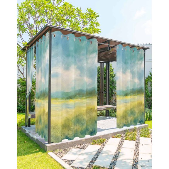 Teal Blue Oil Painting Outdoor Curtains for Patio, Abstract Art Ombre Field Watercolor Privacy Drapes Grommet Waterproof Outside Curtains for Porch/Cabana/Balcony 54"x 95", 1 Panel