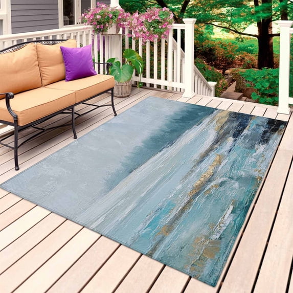 Teal Blue Oil Painting Outdoor Rug 5x8 Ft, Non Slip Washable Area Rug, Retro Abstract Art Lake Forest Patio Rugs Carpet Runner, Large Floor Mat for Indoor/Outdoor Deck Porch Camping