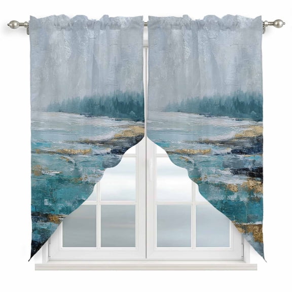 Teal Blue Oil Painting Swag Curtains for Living Room/Bedroom, Retro Abstract Art Lake Forest Swag Kitchen Curtain Valances for Windows, Tier Topper Scalloped Curtain 2 Panels, 56"W x 36"L
