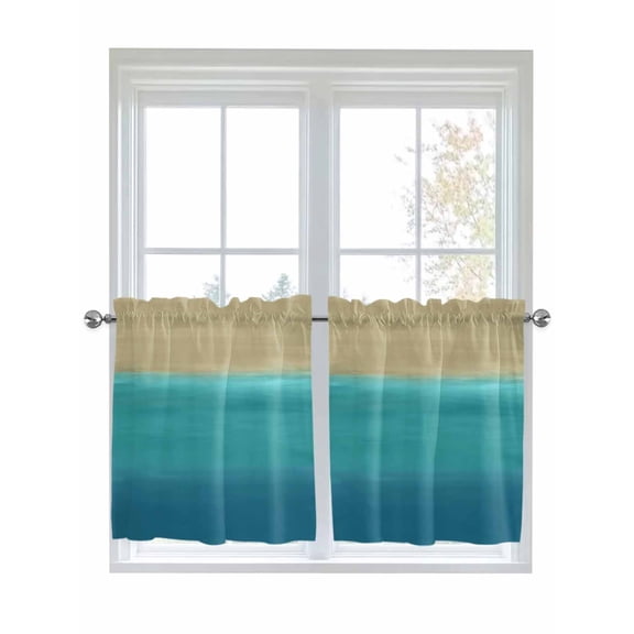 Teal Blue Ombre 2 Panel Kitchen Curtains for Small Windows, Modern Abstract Gradient Art Bathroom Tier Curtain, Short Window Treatment for Bedroom/Living Room 55"x24"
