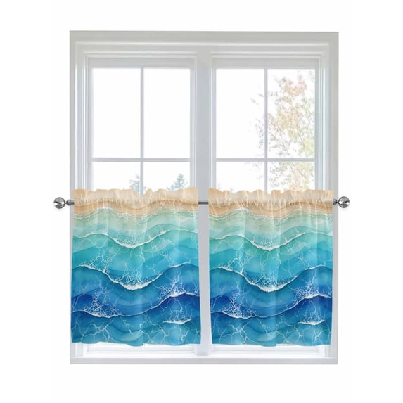 Teal Blue Ombre 2 Panel Kitchen Curtains for Small Windows, Summer Beach Abstract Ocean Wave Bathroom Tier Curtain, Short Window Treatment for Bedroom/Living Room 55"x36"