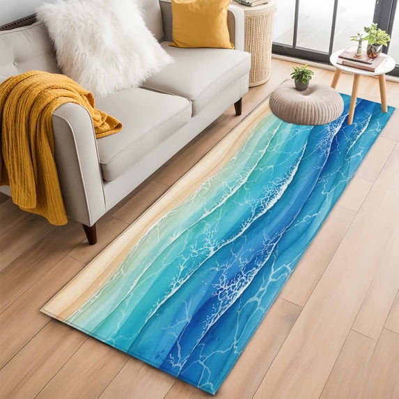 Teal Blue Ombre 2'x6' Runner Rugs for Hallway Kitchen Bedside Non Slip Washable, Summer Beach Abstract Ocean Wave Entryway Rug Runners with Rubber Backing, Long Carpet Runner for Laundry Room