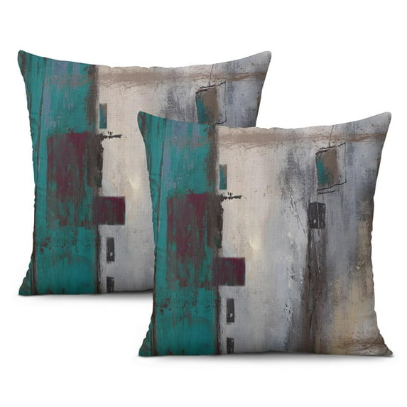 Teal Blue Ombre Art & Modern Retro Geometry Throw Pillow Covers | Abstract Round Oil Painting Graffiti | Pack of 2 | Gradient Grey Black Cushion Covers | 20x20 Inch | Perfect Home Décor Statement