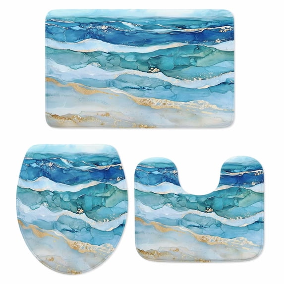 Teal Blue Ombre Bath Mat 3 Piece Bathroom Rug Set, Modern Coastal Ink Painted Abstract Non Slip Bath Rug Contour Mat and Toilet Lid Cover, Absorbent Shower Mats Soft Bath Rugs and Mats Sets