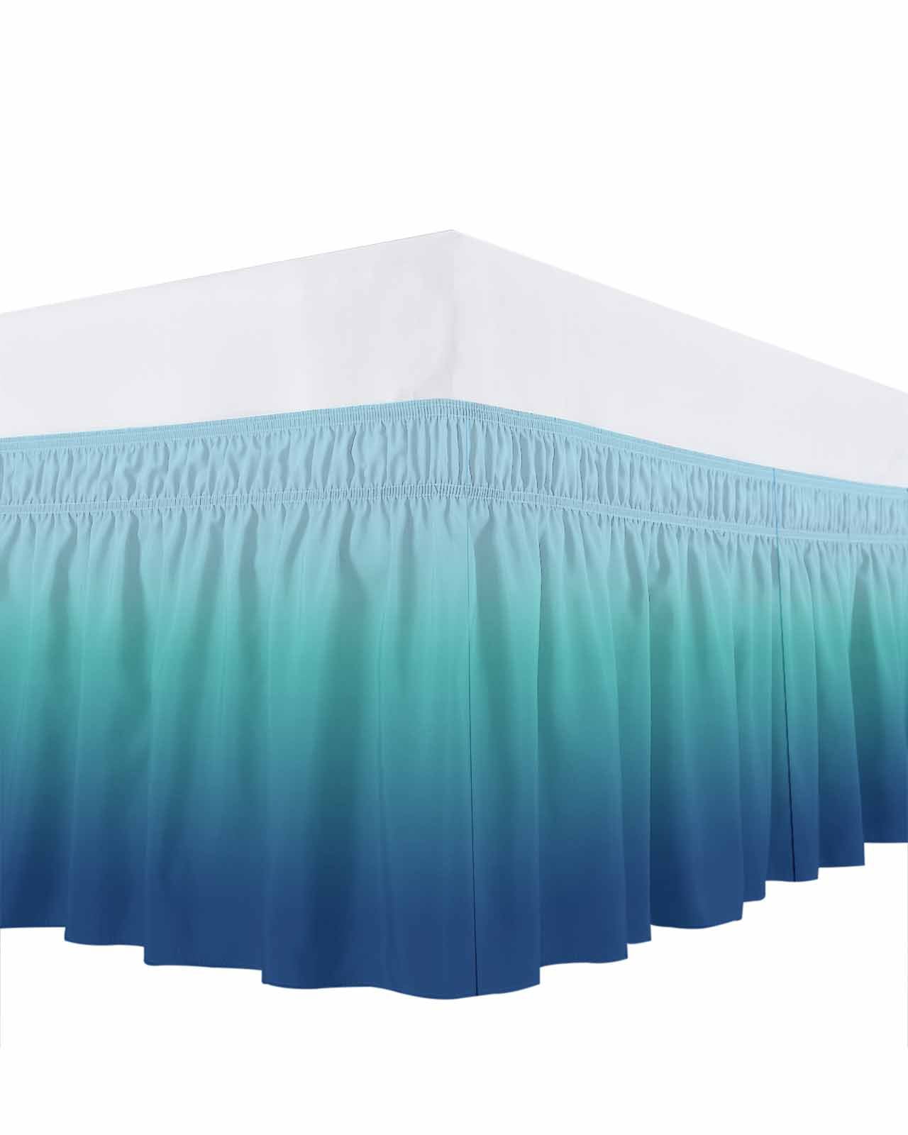 Teal Blue Ombre Bed Skirt Queen Size, Modern Abstract Art Gradient Aesthetics Wrap Around Bed Skirting with Adjustable Elastic Strap, Dust Ruffle Pleated Bedskirts 18 Inch Drop for Bedroom Queen Beds