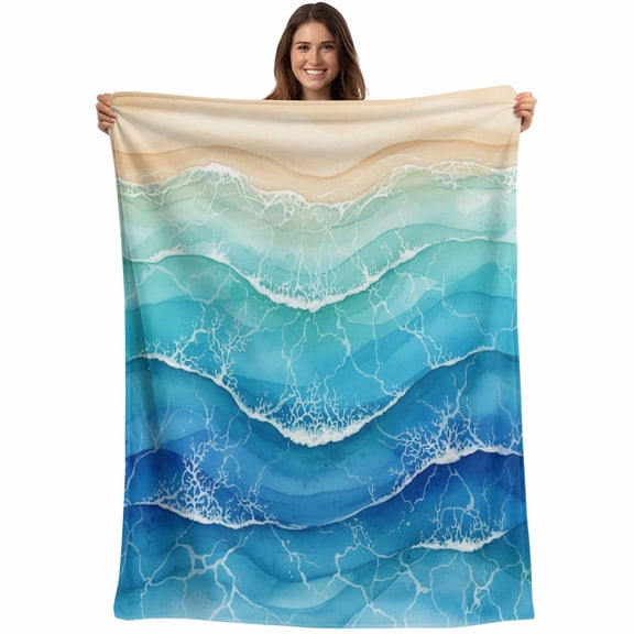 Teal Blue Ombre Blanket Soft Cozy Warm Throw Blanket for Couch, Plush Fuzzy Flannel Fleece Blankets for Sofa, Summer Beach Abstract Ocean Wave Bed Blankets Lightweight Gifts for Women, 50"x60"