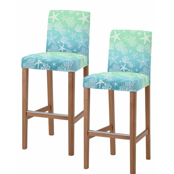 Teal Blue Ombre Coastal Bar Stool Covers Set of 2, Sea Nautical Summer Beach Starfish Coral Stretch Bar Chair Covers with Backs, Removable Pub Counter Height Chair Cover for Kitchen Dining Room Cafe