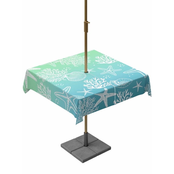 Teal Blue Ombre Coastal Outdoor Tablecloth - 54x54 Inch Square Dining Table Cover, Sea Nautical Summer Beach Starfish Coral Waterproof Outdoor Table Cloth with Umbrella Hole & Zipper for Picnic/Patio
