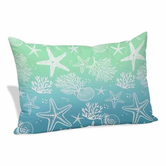 Teal Blue Ombre Coastal Pillow Covers, Linen Long Throw Pillow Case, Sea Nautical Summer Beach Starfish Coral Holiday Pillow Protector Decorative Cushion Cover for Living Room/Bedroom 20" x 30"