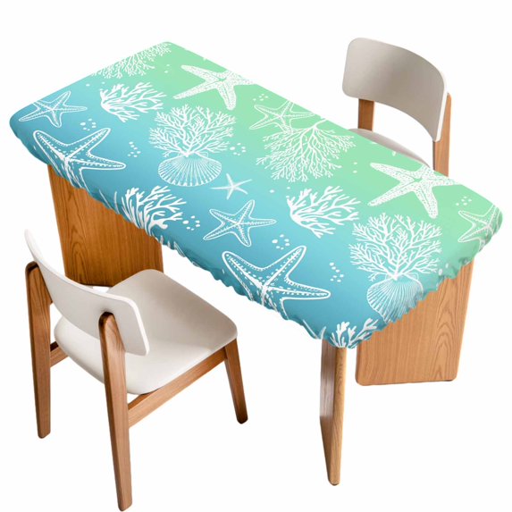 Teal Blue Ombre Coastal Table Cloths for 3 Foot Rectangle Tables, Sea Nautical Summer Beach Starfish Coral Patio Waterproof Elastic Fitted Tablecloths, Washable Rectangular Table Cover for Camping
