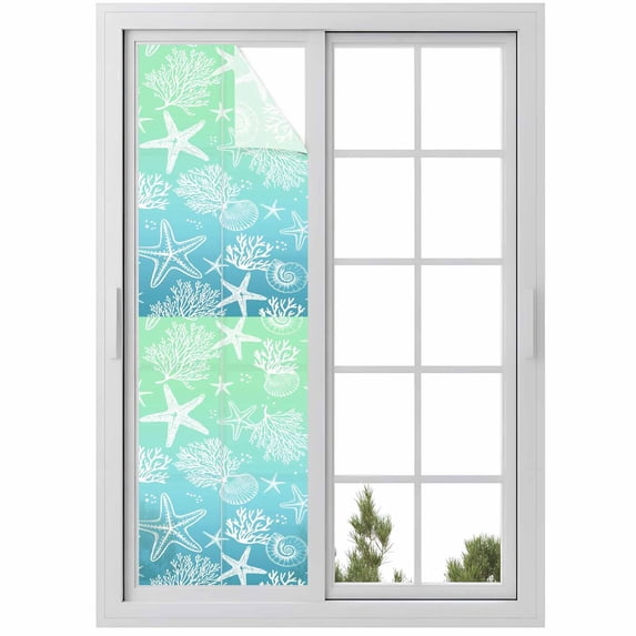 Teal Blue Ombre Coastal Window Privacy Film,Sea Nautical Summer Beach Starfish Coral Static Cling UV Sun Blocking Window Tint Day and Night,Non-Adhesive One Way Privacy Cover 17.7''x78.7''