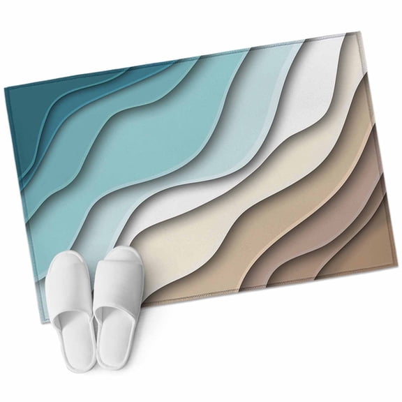Teal Blue Ombre Cream Bathroom Mat 2x3 FT, Non Slip Small Kitchen Mat, Modern Geometric Brown Aesthetic Washable Soft Backed Front Door Throw Rug Indoor Outdoor Doormat for Entryway Sink