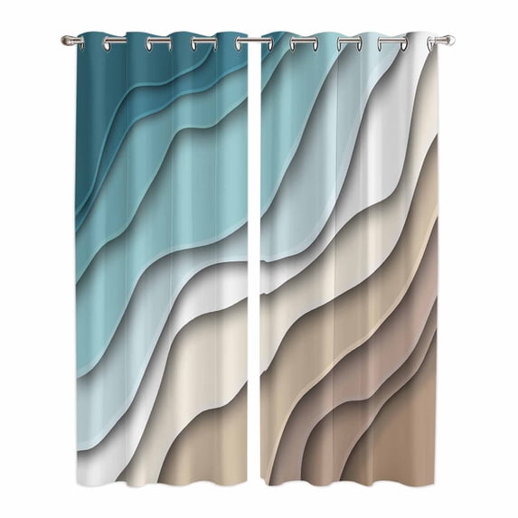 Teal Blue Ombre Cream Kitchen Curtains 96 Inch Length, Modern Geometric Brown Aesthetic Grommet Top Bedroom Living Room Curtains, Light Filtering Cafe Curtain Drapes 2 Panels Set 104''x96''