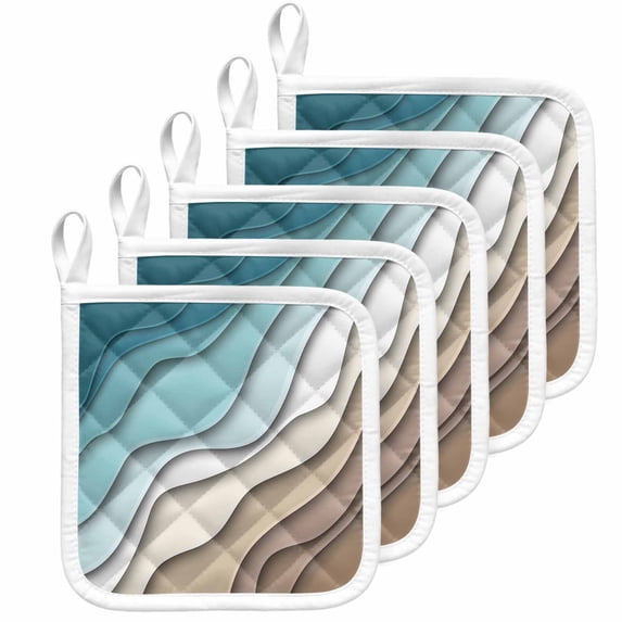 Teal Blue Ombre Cream Pot Holders for Kitchen Heatproof Potholder, 5 Pack Modern Geometric Brown Aesthetic Hot Pads Multipurpose Oven Pads Cloth Potholders Trivet for Cooking Baking