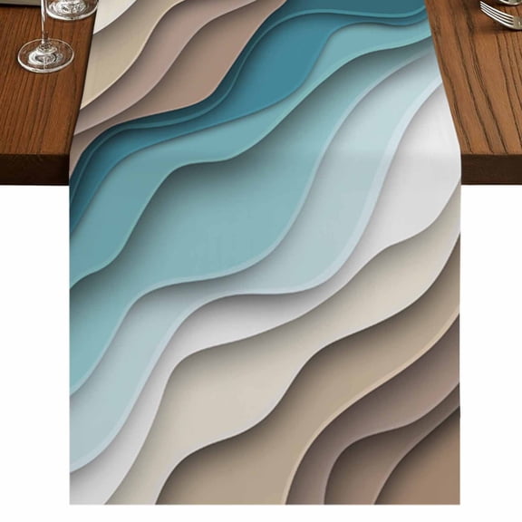 Teal Blue Ombre Cream Short Table Runner 36 Inches Long,Modern Geometric Brown Aesthetic Cotton Linen Table Runners Dresser Scarves,Tabletop Scarf Furniture Cover for Home Dinner Party Decor 13"x36"