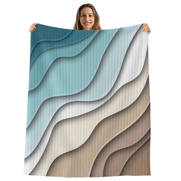 Teal Blue Ombre Cream Throw Blanket, Flannel Fleece Blanket with Striped Design for Couch, Modern Geometric Brown Aesthetic Soft Breathable All Season Plush Blankets for Sofa Office Travel 40"x50"