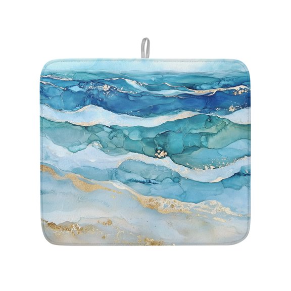 Teal Blue Ombre Dish Drying Mat for Kitchen Counter,Modern Coastal Ink Painted Abstract Dish Mat Drying Kitchen Mat for Sink Fridge Drawer Absorbent Dishes Drainer Mats Drying Pad 1pcs 16"x18"