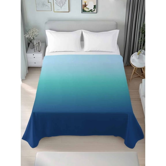 Teal Blue Ombre King Size Flat Sheet, Wrinkleproof & Fadeproof Cooling Flat Bed Sheet Only, Modern Abstract Art Gradient Aesthetics Breathable Soft Bedding Top Sheets 105 x 98 Inches
