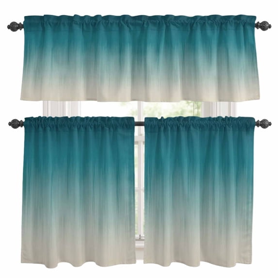 Teal Blue Ombre Kitchen Curtains Sets for Windows 24 Inch Length, Contemporary Gradient Abstract Art Rod Pocket Window Treatments Tier Curtains and Valances Set for Bedroom/Bathroom