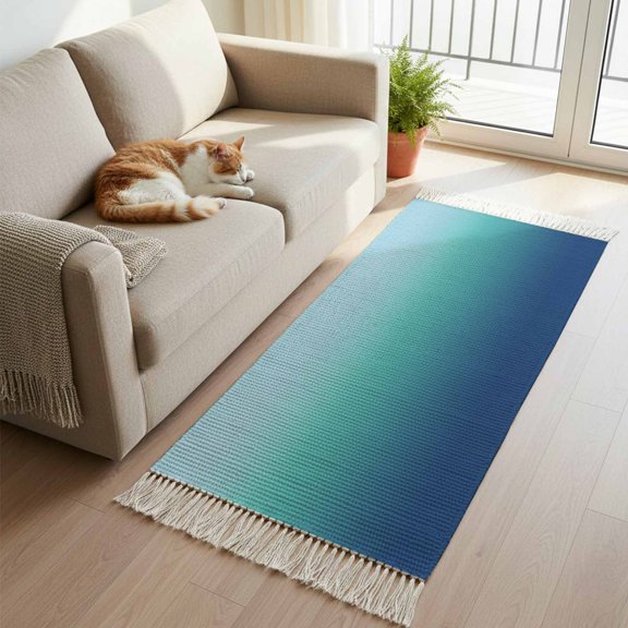 Teal Blue Ombre Kitchen Runner Rug 2'x4', Modern Abstract Art Gradient Aesthetics Washable Rug with Tassels, Non Slip Woven Cotton Bathroom Rugs Hallway Carpet for Foyer Bedroom Entry Back Door Decor