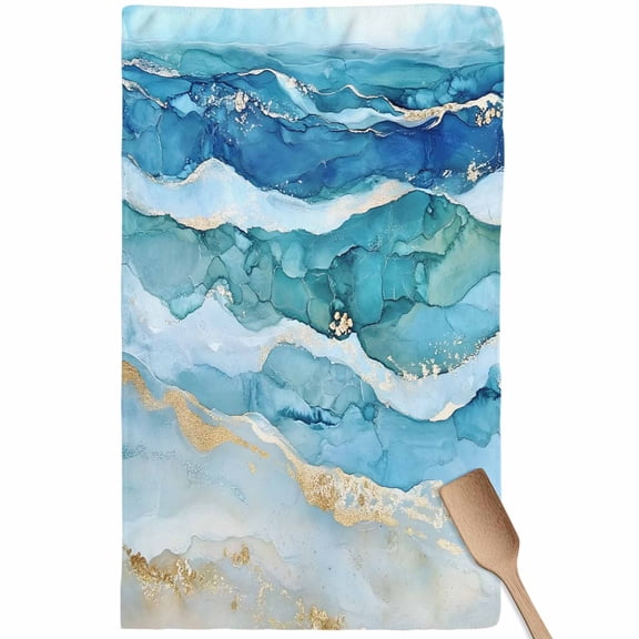 Teal Blue Ombre Kitchen Towel Dish Cloths Set of 1, Microfiber Soft Kitchen Hand Towels, Modern Coastal Ink Painted Abstract Absorbent Quick Drying Dishcloths 18 x 28 Inches