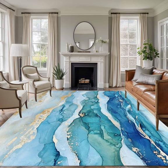 Teal Blue Ombre Large Area Rug 8x10 FT, Non Slip Living Room Throw Carpet, Modern Coastal Ink Painted Abstract Washable Soft Indoor Outdoor Carpet Non-Shedding Rug for Bedroom Dining Room