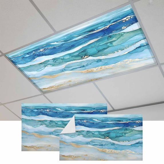 Teal Blue Ombre Magnetic Fluorescent Light Covers for Ceiling Lights 2x4Ft, Modern Coastal Ink Painted Abstract Office Classroom Kitchen Drop Ceiling Light Covers Lighting Filters Shade Panel 2 Packs