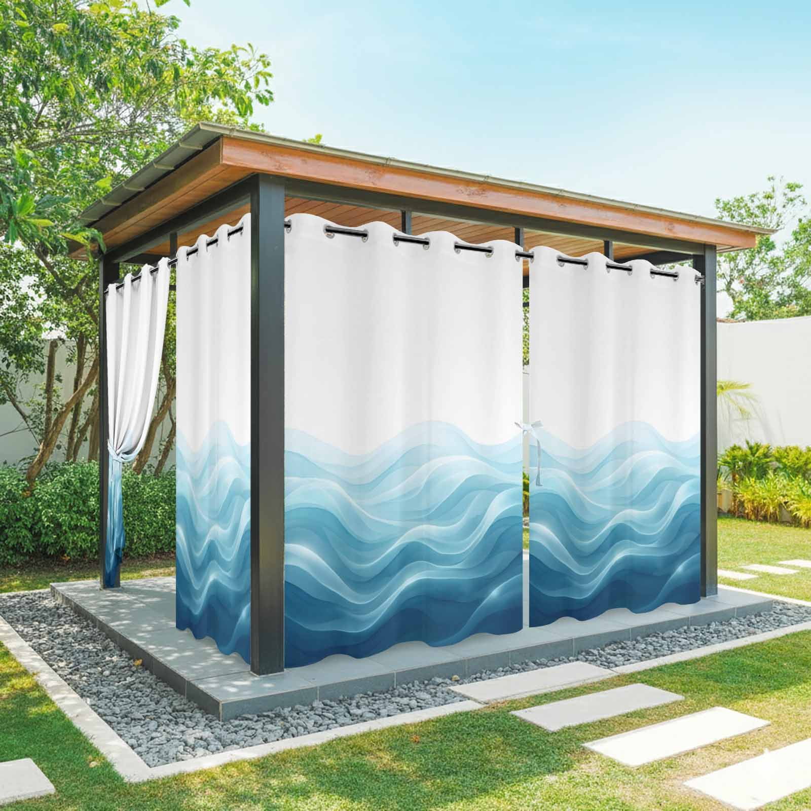 Teal Blue Ombre Outdoor Curtains for Patio, Abstract Modern Gradient Ripple Sunshade Privacy Drapes Grommet Waterproof Outside Curtains for Porch/Cabana/Balcony 54"x 108", 1 Panel